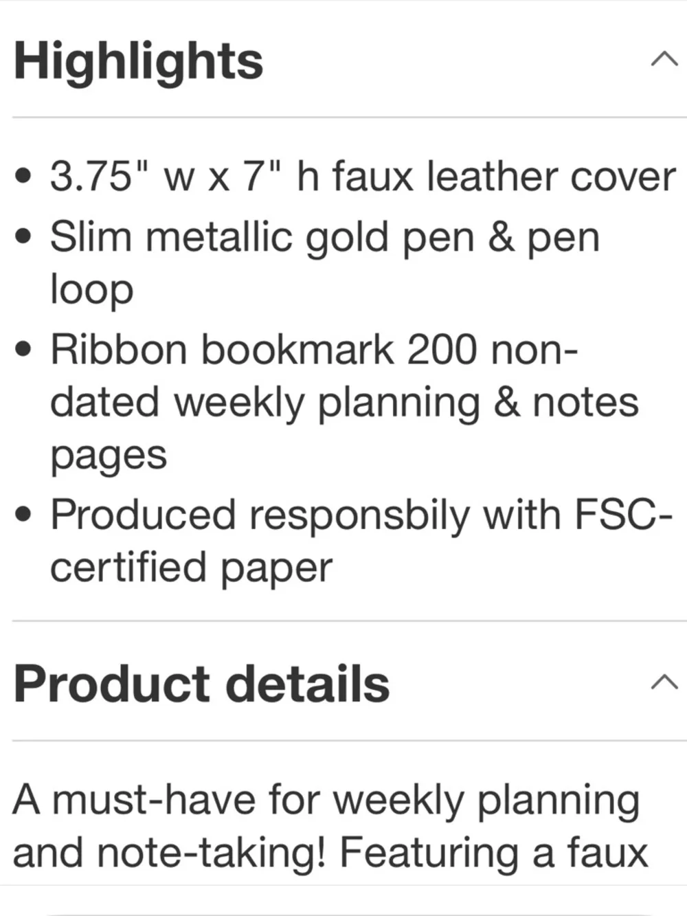 FRINGE STUDIO NWT Faux Leather Weekly Planner & Pen Set 3.63